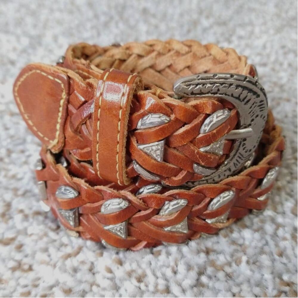 Braided leather belt with metal inserts Size 34